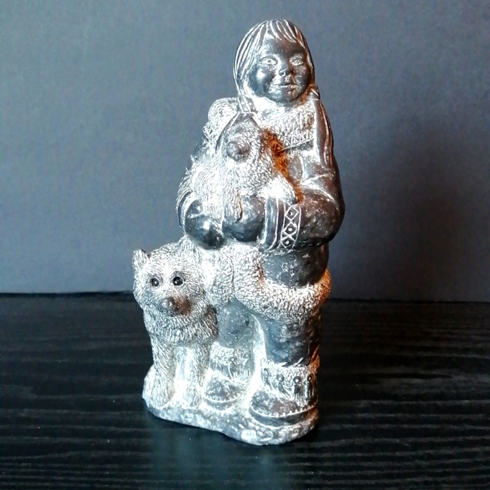 RARE FIND Wolf Original Vintage Hand Carved Stone Sculpture Inuit Girl Wolves